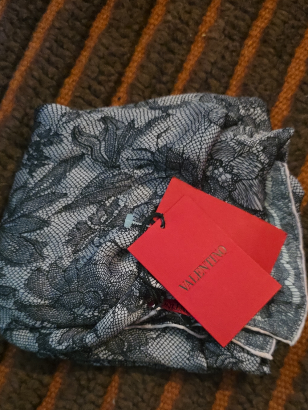 Valentino Black and Rose Color Lace-Print Scarf